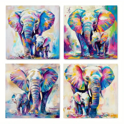 4pcs Colorful Elephant Family Design Wall Art Canvas Framed