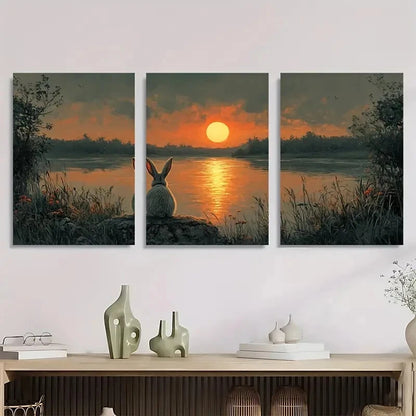 3pcs Riverside Rabbit Warm Sunset Hues Metal Print Ready to Hang Art