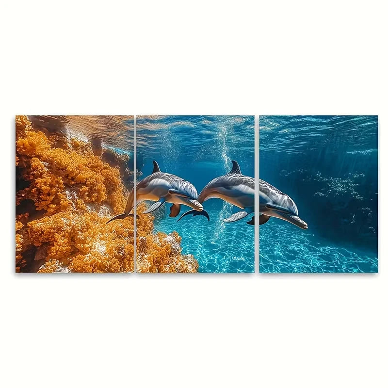 3pcs Playful Dolphins Jumping Metal Print Ready to Hang Art