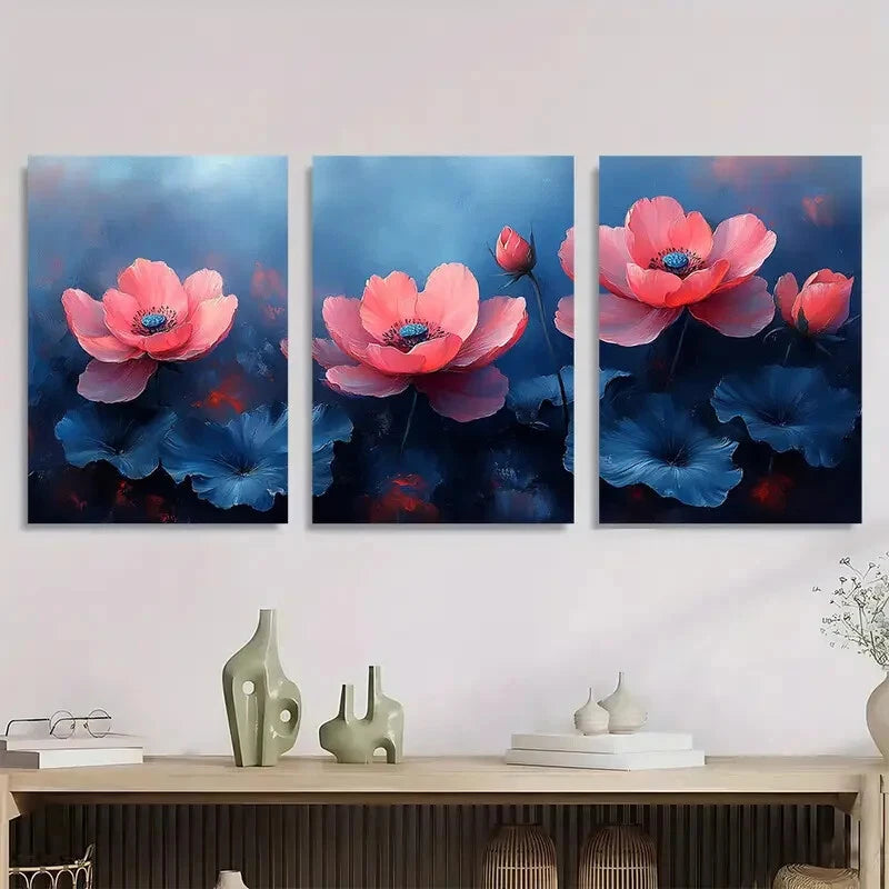3pcs Rain Kissed Vibrant Bloom Floral Painting Metal Print Ready to Hang Art