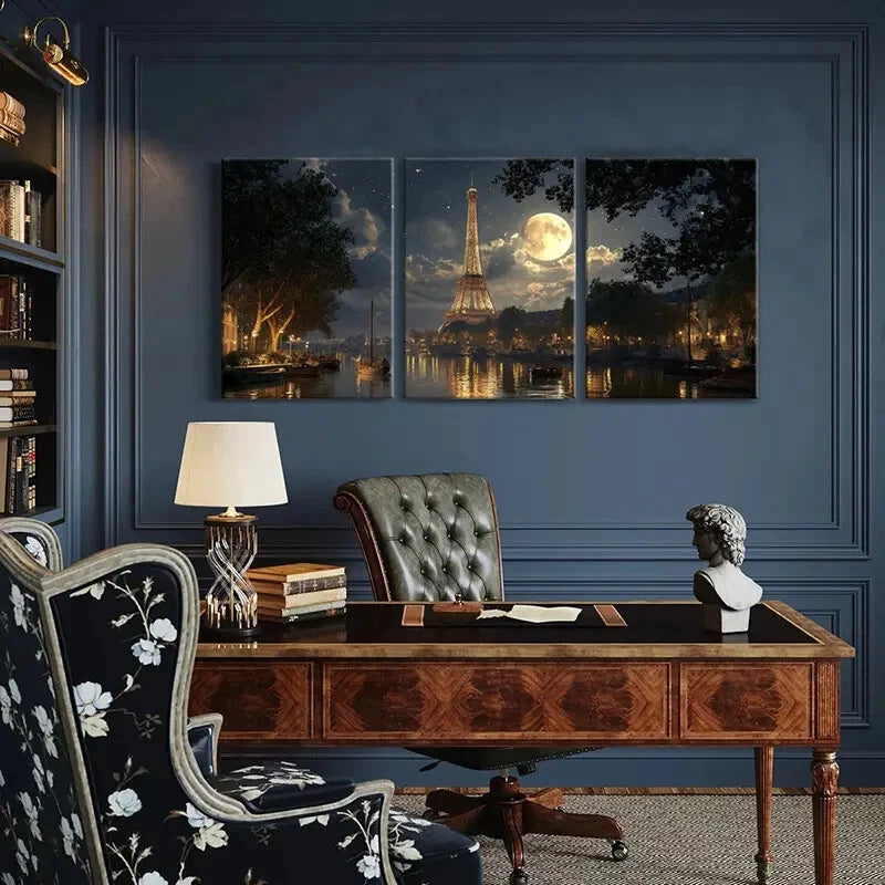 3pcs Romantic Paris Landscape with Full Moon Metal Print Ready to Hang Art