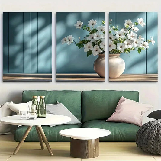 3pcs White Floral Bouquet in Elegant Vase Design Metal Print Ready to Hang Art