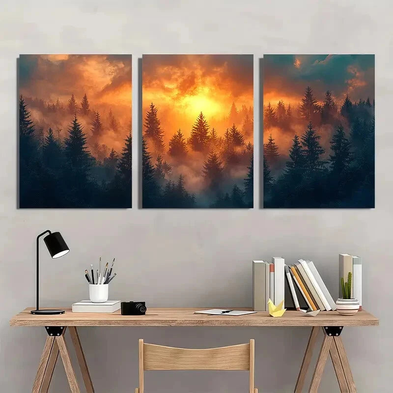 3pcs Sunrise ForestMisty Landscape Tranquil Nature Metal Print Ready to Hang Art