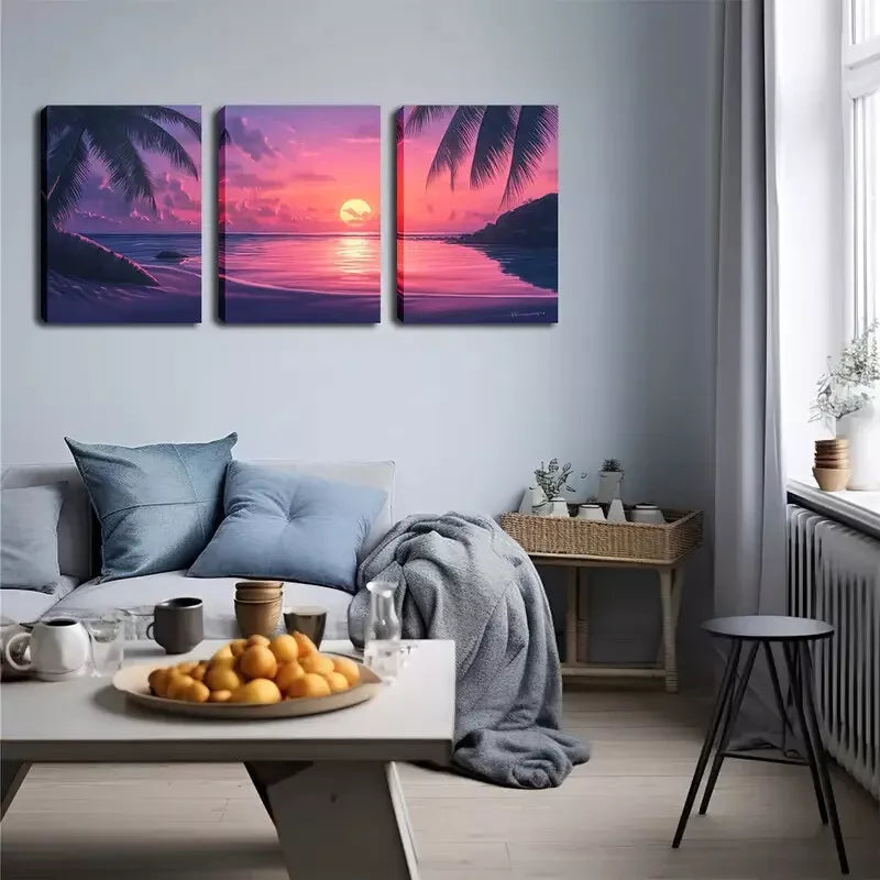 3pcs Triptych with Palm Trees & Ocean View Wall Art Set Canvas Framed 40x60cm - High Quality Print 100% Australian Made Wall Canvas Ready to Hang