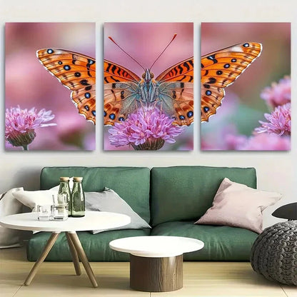 3pcs Intricate Butterfly Resting On Flower Metal Print Ready to Hang Art