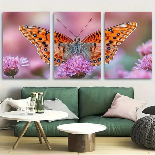 3pcs Intricate Butterfly Resting On Flower Metal Print Ready to Hang Art