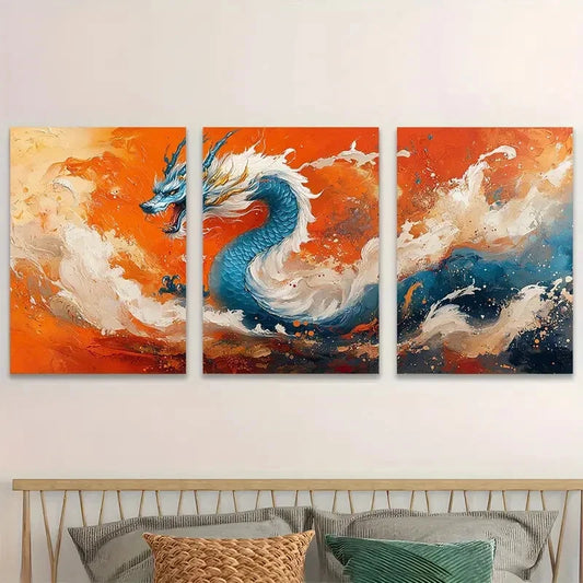 3pcs Vibrant Blue and Golden Dragon Fiery Orange Metal Print Ready to Hang Art