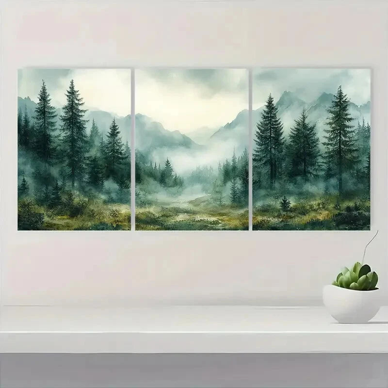 3pcs  Misty Forest Scene with Evergreen Trees Metal Print Ready to Hang Art