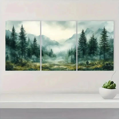 3pcs  Misty Forest Scene with Evergreen Trees Metal Print Ready to Hang Art