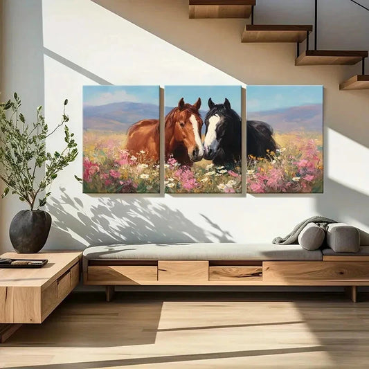 3pcs Horses in Bloom Floral Meadow Landscape Metal Print Ready to Hang Art
