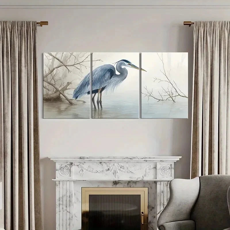 3pcs Blue Heron Water Reflection Serene Landscape Metal Print Ready to Hang Art