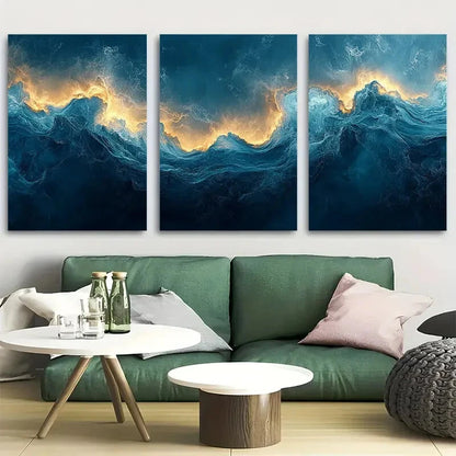 3pcs Abstract Teal Fluid Nautical Design Metal Print Ready to Hang Art