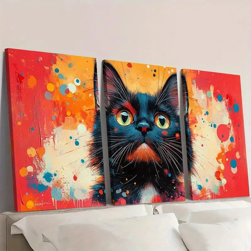 3pcs Abstract Cat Colorful Splatter Design I Wall Art Set Canvas Framed 40x60cm - High Quality Print 100% Australian Made Wall Canvas Ready to Hang