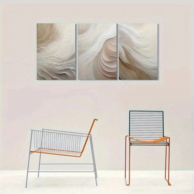3pcs Abstract Wave Neutral Beige & Textured Metal Print Ready to Hang Art