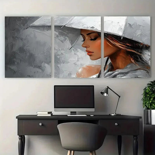 3pcs Elegant Woman with White Umbrella Modern Metal Print Ready to Hang Art