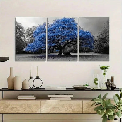 3pcs Featuring a Blue Tree in a Park Metal Print Ready to Hang Art