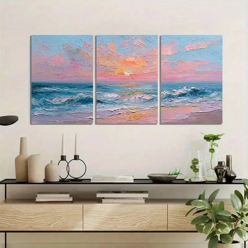 3pcs Pink And Blue Beach Sunset in Oil Painting Metal Print Ready to Hang Art