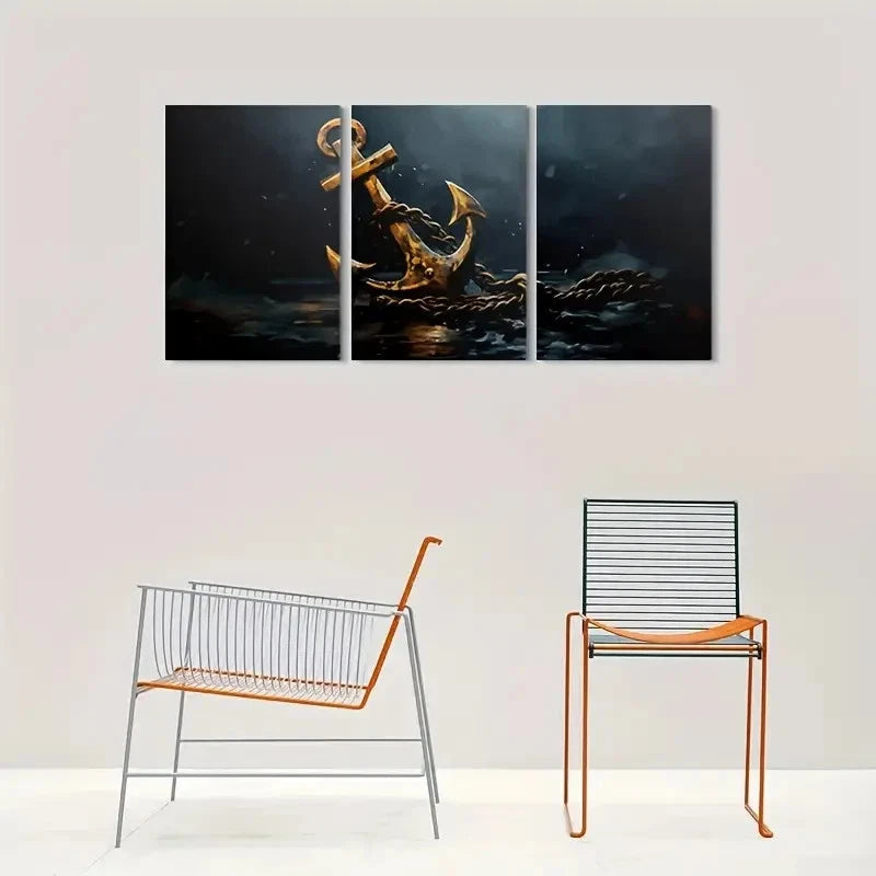 3pcs Golden Anchor Triptych Ocean Theme Metal Print Ready to Hang Art