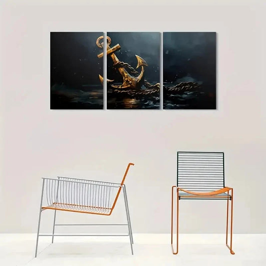 3pcs Golden Anchor Triptych Ocean Theme Metal Print Ready to Hang Art