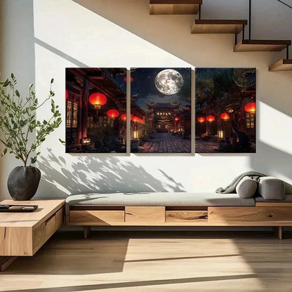 3pcs Traditional Architecture Lantern in Moonlit Wall Art Set Canvas Framed 40x60cm - High Quality Print 100% Australian Made Wall Canvas Ready to Hang
