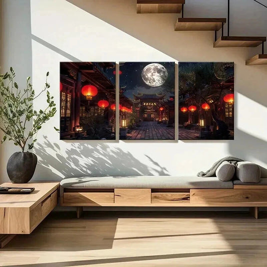 3pcs Traditional Architecture Lantern in Moonlit Wall Art Set Canvas Framed 40x60cm - High Quality Print 100% Australian Made Wall Canvas Ready to Hang