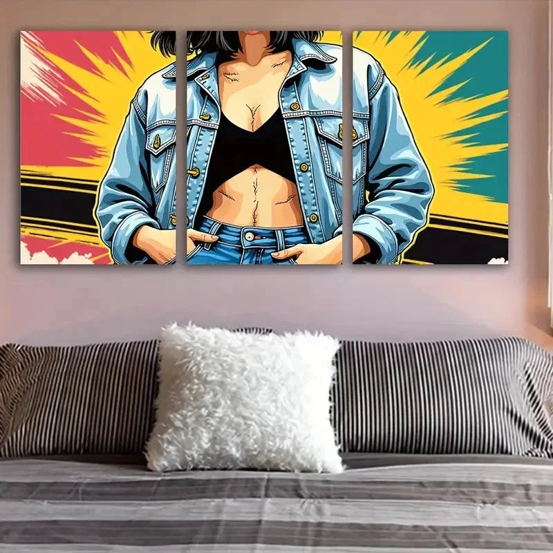 3pcs Woman In Denim Jacket Metal Print Ready to Hang Art