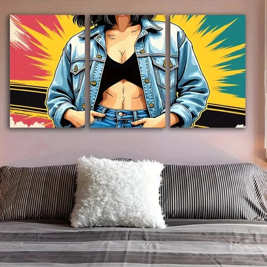 3pcs Woman In Denim Jacket Metal Print Ready to Hang Art
