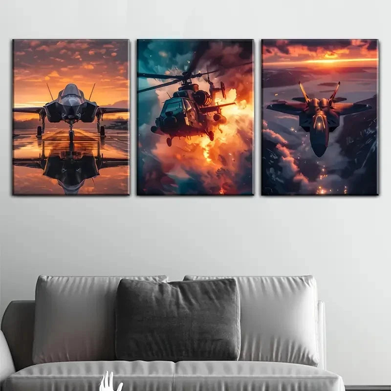3pcs Featuring Military Aircraft Wall Art Metal Print Ready to Hang Art