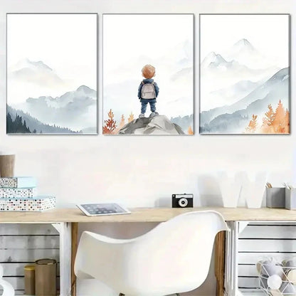 3pcs Boys' Mountain and Watercolor Scenery Metal Print Ready to Hang Art