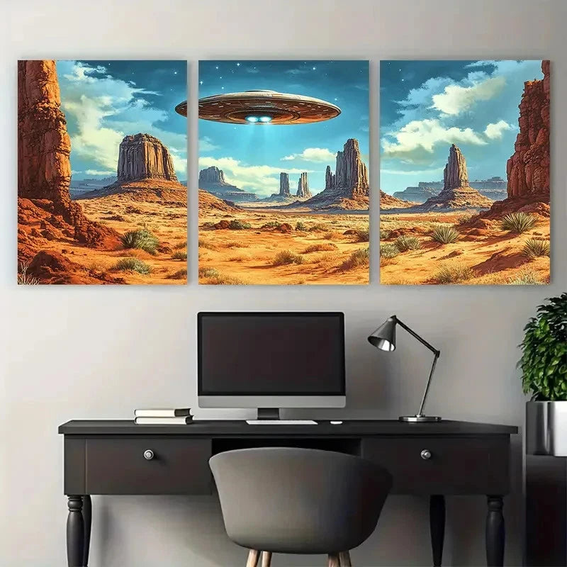 3pcs Vintage UFO Retro Mid-Century Sci-Fi Scene Wall Art Set Canvas Framed 50x70cm - High Quality Print 100% Australian Made Wall Canvas Ready to Hang
