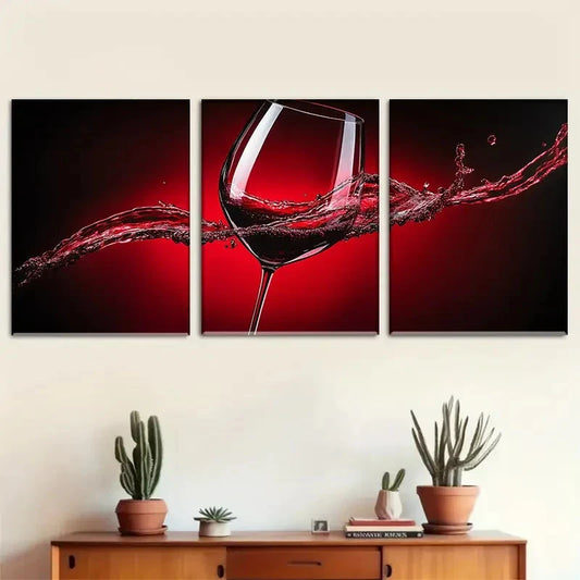 3pcs Modern Dynamic Red Wine Splash Metal Print Ready to Hang Art