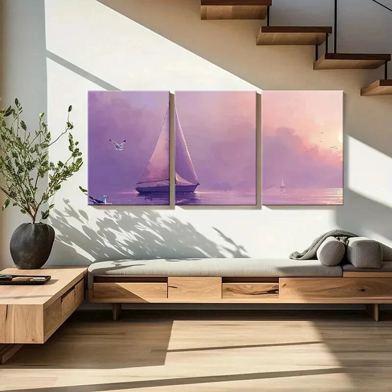 3pcs Sailing Boat Seagulls Sunset Ocean Metal Print Ready to Hang Art