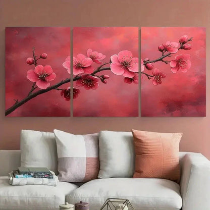 3pcs Elegant Pink Floral Branch Modern Boho Design Metal Print Ready to Hang Art