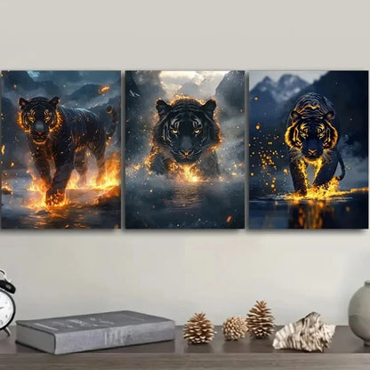 3pcs Featuring a Black Tiger with Golden Eyes Metal Print Ready to Hang Art
