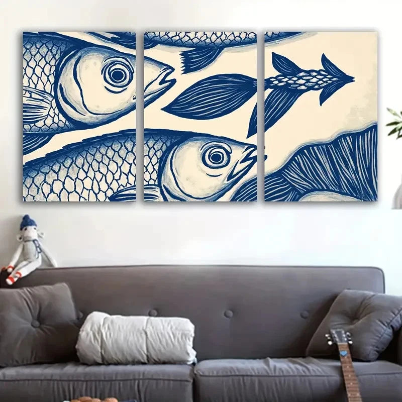 3pcs Blue and White Fish Navy Blue & Beige Tones Metal Print Ready to Hang Art