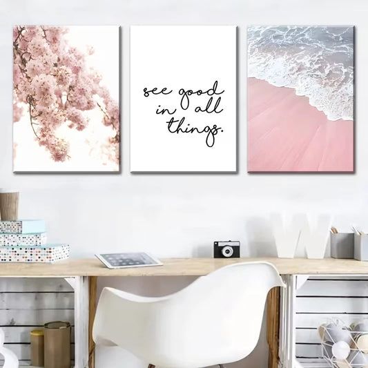 3pcs Pink Floral Beach Scenery Metal Print Ready to Hang Art