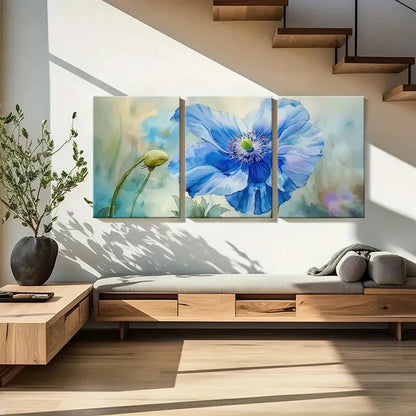 3pcs Blue Flower Art Watercolor Style Painting Metal Print Ready to Hang Art