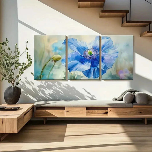 3pcs Blue Flower Art Watercolor Style Painting Metal Print Ready to Hang Art