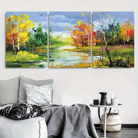3pcs Vibrant Autumn Fall Forest with River Metal Print Ready to Hang Art