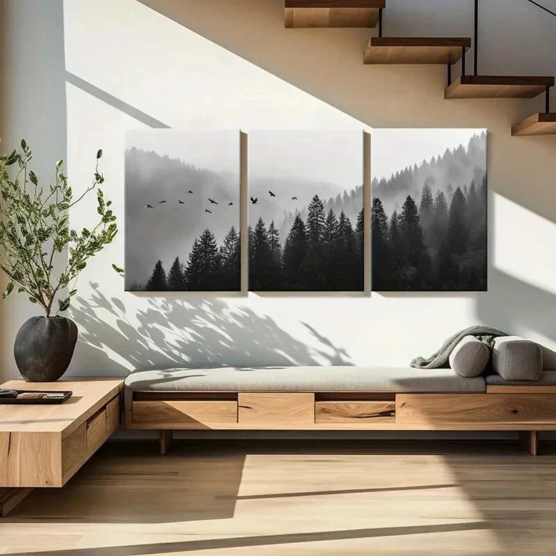 3pcs Misty Forest Landscape Flying Birds Dark Metal Print Ready to Hang Art