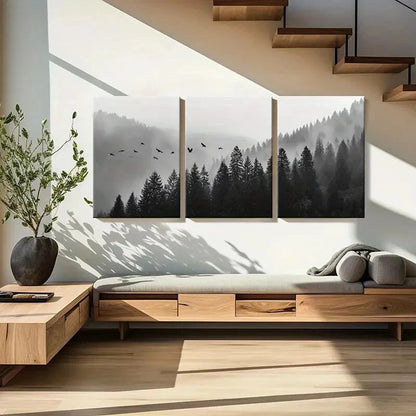 3pcs Misty Forest Landscape Flying Birds Dark Metal Print Ready to Hang Art