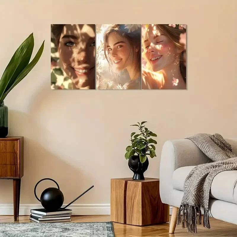 3pcs Vintage-Inspired Smiling Woman Metal Print Ready to Hang Art