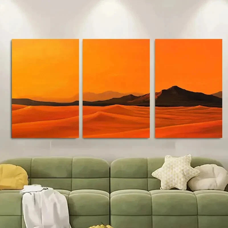 3pcs Vibrant Orange Sand Under Golden Sky Metal Print Ready to Hang Art