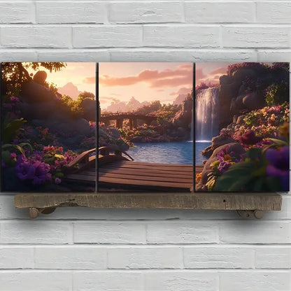 3pcs Waterfalls & Wooden Bridges Nature Scenery Metal Print Ready to Hang Art