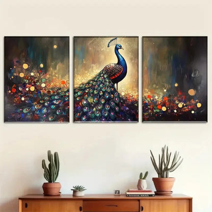 3pcs Majestic Peacock with Sparkling Tail Metal Print Ready to Hang Art