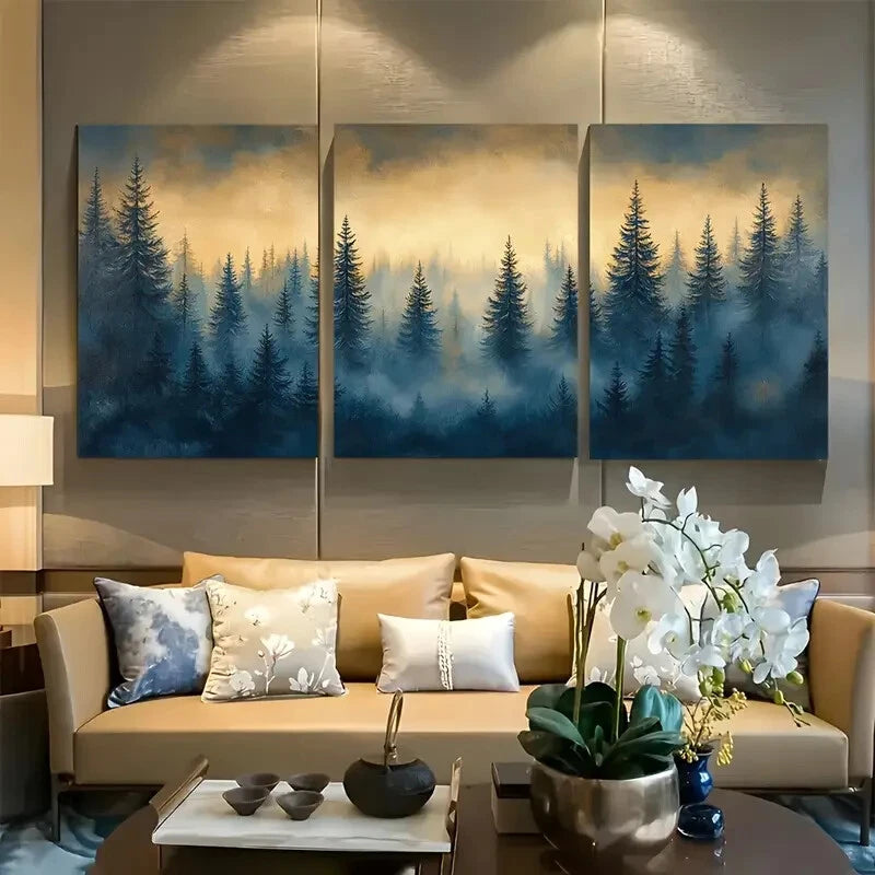 3pcs Minimalist Pine Tree Teal and Beige Forest Metal Print Ready to Hang Art