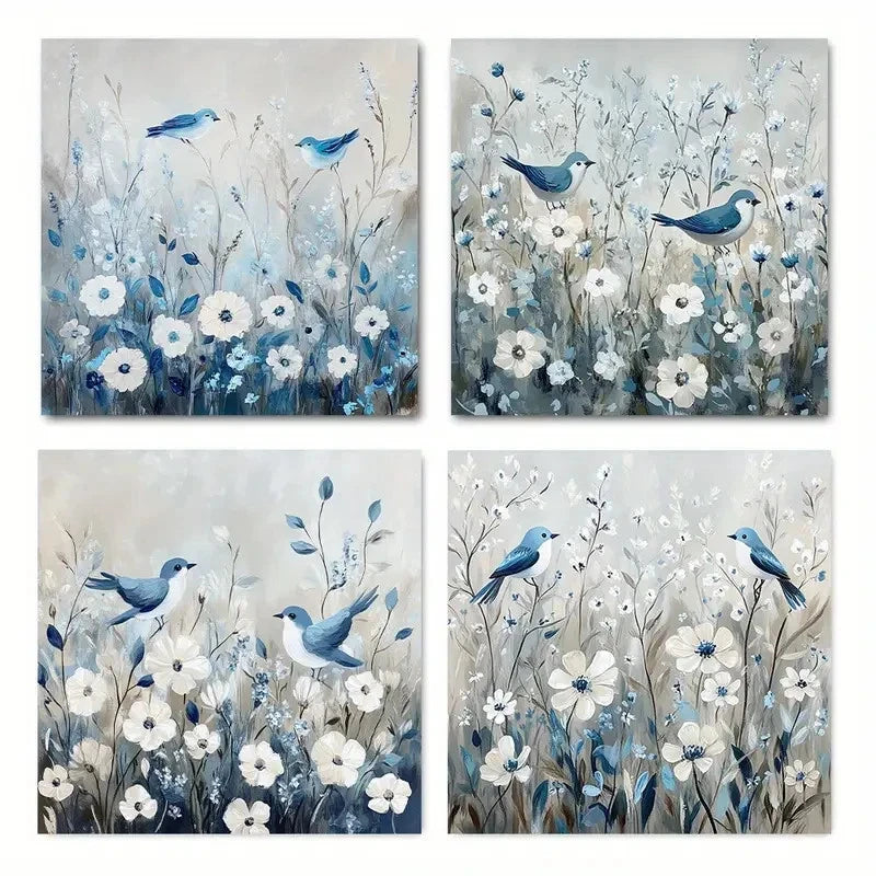 4pcsStyle Blue & White Floral BirdWall Art Canvas Framed