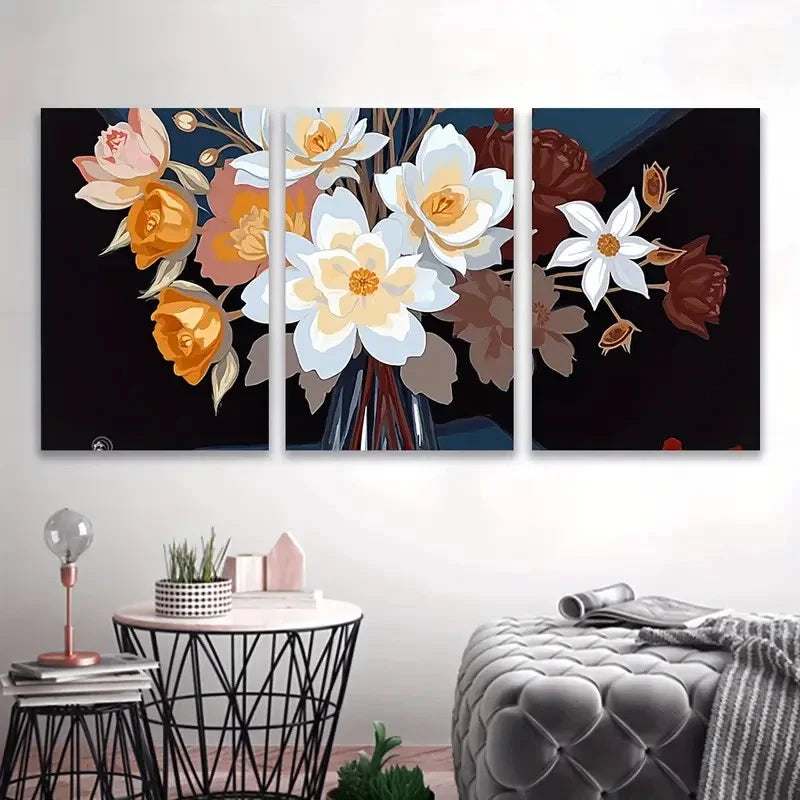 3pcs Eternal Elegance White and Amber Flowers Wall Art Set Canvas Framed 50x70cm - High Quality Print 100% Australian Made Wall Canvas Ready to Hang