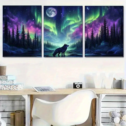 3pcs Artistic Charming Arctic Aurora and Wolf Metal Print Ready to Hang Art
