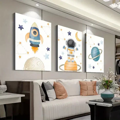 3pcs Cartoon Astronaut and Planets Wall Art Set Canvas Unframed - High Quality Print 100% Australian Made Wall Canvas